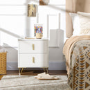 Comodino con 2 Cassetti 40x40x47 cm in Legno con Maniglie e Gambe in Metallo Bianco e Oro      