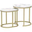 Set 2 Tavolini da Caffè Ø50x50.5 cm e 60x36x43.5 cm con Piano Effetto Marmo in Legno e Acciaio Bianco      