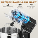 Impastatrice Planetaria 1400W con Ciotola 7L e 6 Velocità Gancio Impastatore Frusta e Sbattitore Nero      