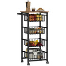 Carrello da Cucina 49,5x31x91 cm con 4 Cestini Estraibili in Acciaio e Legno Rovere e Nero  