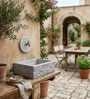 Lavello Rettangolare da Esterno 45x35 cm con Rosone Installazione a Muro in Cemento Mattone Faccia a Vista Meseta Grigio