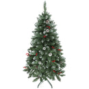 Albero di Natale Innevato 150 cm 398 Rami con Pigne e Bacche Rosse Base in Metallo Verde      