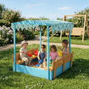 Sabbiera per Bambini 3-6 Anni 134,5x127,5x130 cm con Tettuccio Dinosauri Sedute Pieghevoli Coperchio e Fodera in Legno di Abete Blu      
