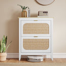 Scarpiera Slim Stile Boho con 2 Cassetti Ribaltabili per 14 Paia di Scarpe 80x24x95,5 cm Anta con Pannello in Rattan Bianco   