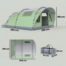 Tenda da Campeggio Multi-Stanza 505x390x196 cm per 2-4 Persone con Finestre e Veranda Struttura in Fibra di Vetro Verde      