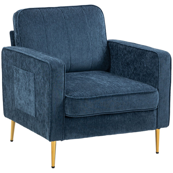 acquista Poltrona da Salotto con Gambe in Acciaio Dorate e Tasche Laterali 81x84x87 cm in Tessuto Blu