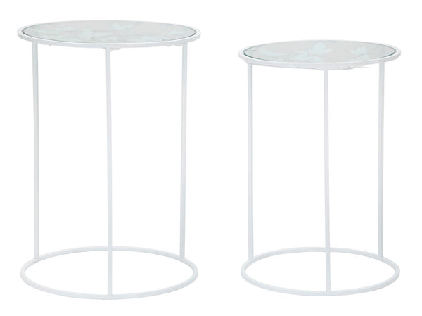 prezzo Tavolinetti Bianco Heart Coppia Ø43x60-38x55 cm in Ferro e Vetro Bianco e Oro