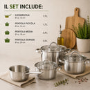 Batteria di Pentole 7 Pezzi Pentole con Coperchi in Vetro in Acciaio Inox      