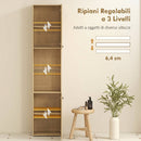 Mobile da Bagno a Colonna Slim 40x31x182H cm 6 Ripiani 2 Ante e Ripiano in Vetro Temperato in MDF Rovere      