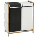 Cesto Portabiancheria 63x33x78 cm 2 Scomparti 120L con Coperchi Tasche Laterali Sacchi Estraibili in Bambù e Poliestere Bianco e Nero      