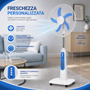 Ventilatore a Piantana Ricaricabile Ø45 cm con Telecomando e 4 Velocità 55W con Ruote Bianco e Blu      