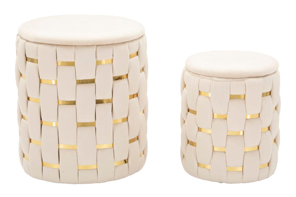 Puff con Contenitore Shanty Crema Set 2 Pz Ø37x42 cm - Ø28x35 cm in Ferro e MDF e Spugna e Poliestere Crema e Oro prezzo