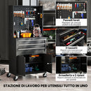 Carrello Porta Attrezzi 69x33x133 cm con Piano di Lavoro 3 Cassetti Pannelli Forati in Acciaio Nero      