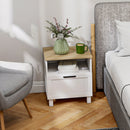 Comodino Moderno 45x38x50 cm con Cassetto e Ripiano in Legno Bianco e color Legno      