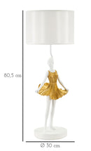 Lampada da Tavolo Ballerina Ø30x90,5 cm in Resina e Ferro e Tessuto Oro e Bianco      