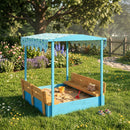 Sabbiera per Bambini 3-6 Anni 134,5x127,5x130 cm con Tettuccio Dinosauri Sedute Pieghevoli Coperchio e Fodera in Legno di Abete Blu      
