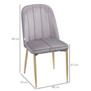 Set 2 Sedie Imbottite 48x59x89 cm in Velluto e Acciaio Grigio e Oro