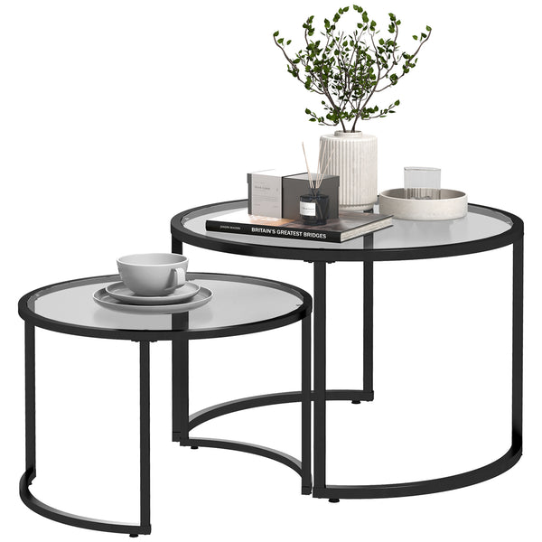 Set 2 Tavolini Sovrapponibili Ø70x47,5 cm e Ø54 x 42,5 cm in Vetro e Acciaio Nero online