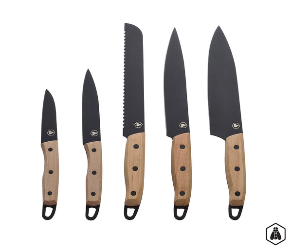 Set 5 Coltelli per Carne e Pesce Lama Nera Manico in Legno sconto