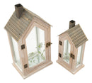 Lanterne Home Flower Coppia 18x13x36 cm in Legno e Vetro Marrone e Grigio e Verde      