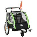 Rimorchio Bici per Bambini e Passeggino 2 in 1 con Cintura Tasche e Bandierina Verde      