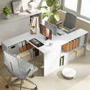 Scrivania Angolare Moderna 110x100x75 cm con Scaffale e Cassetto in Tessuto Bianco      