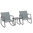 Set 3 Pezzi Salotto da Giardino con 2 Sedie a Dondolo Traspiranti e Tavolino con Piano in Vetro in Acciaio Grigio e Nero      
