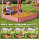 Sabbiera per Bambini 3-6 Anni 134,5x127,5x130 cm con Tettuccio Fenicotteri Sedute Pieghevoli Coperchio e Fodera in Legno di Abete Rosa      