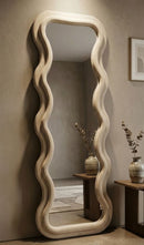 Specchio da Muro Emily Velluto Crema 60x6x160 cm in MDF e Poliestere e Specchio Crema      