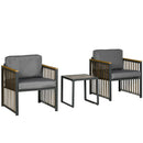 Set Tavolino e 2 Sedie da Giardino  in Acciaio e Rattan Grigio
