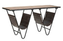 Tavolinetto Porta Giornali "V" 120x43x62,5 cm in Ferro e Legno di Abete e PU Nero e Marrone