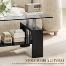 Tavolino da Caffè Moderno a 2 Livelli 90x50x42 cm con Piano in Vetro Temperato in Legno e Acciaio Nero      