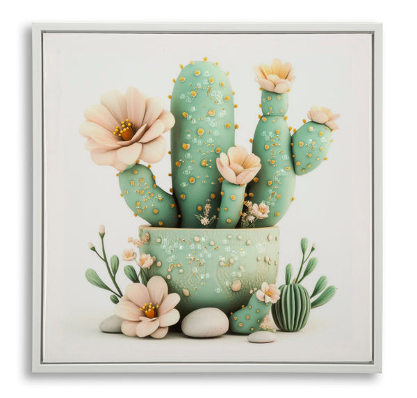 prezzo Stampa su Tela Laccata con Cornice Vasetto Cactus 40x2,8x40 cm in Pino e Tela e Plastica