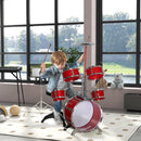 Batteria Musicale Giocattolo per Bambini Grancassa 4 Tamburi e Piatti con Bacchette e Sgabello Rosso  
