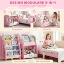 Mobile per Bambini 85,5x32x72 cm con Portariviste Libreria a 3 Livelli e Comodino in Legno Rosa e Bianco      