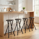 Set 4 Sgabelli Bar Pieghevoli 34x30x70 cm con Doppio Poggiapiedi in Legno e Acciaio Nero      