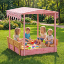 Sabbiera per Bambini 3-6 Anni 134,5x127,5x130 cm con Tettuccio Fenicotteri Sedute Pieghevoli Coperchio e Fodera in Legno di Abete Rosa      