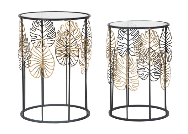 Tavolinetti Foglie Glam Coppia Ø38x55-33x50 cm in Ferro e Vetro Nero e Oro online
