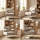 Poltrona Elegante Seduta Ampia Telaio in Acciaio e Rivestimento in Ciniglia Morbida Beige      