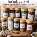 Set 12 Barattoli Portaspezie con Dosatore e Etichette Organizer da Cucina in Vetro e Bambù      