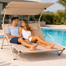 Lettino Lounge 2 Posti da Esterno 200x145x135 cm Tetto Parasole Anti UV Telaio Tubolare Sabbia       