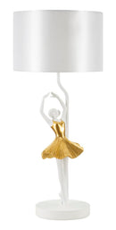 Lampada da Tavolo Ballerina Ø28x64 cm in Resina e Ferro e Tessuto Oro e Bianco      