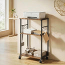 Mobile Supporto per Stampante a 3 livelli 43x30x82 cm con Ruote e Ganci in Legno e Metallo Marrone Rustico.      