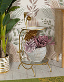 Tavolinetto 2 Ripiani Flowers Ø40x78 cm in Ferro e Vetro Oro      