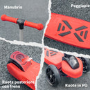Monopattino a 3 Ruote per Bambini 54,7x32,5x59-69 cm con Ruote Luminose Rosso