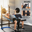 Panca Multifunzione  155x56,5x120 cm con Supporto Bilanciere e Schienale Regolabile in Acciaio e PU Nero e Blu      