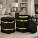 Set 2 Pouf Contenitore Ø 38x44 cm e Ø 31x38 cm con Rivestimento Velluto Nero     