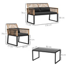Set  4 Pezzi da Esterno Divano 2 Poltrone e Tavolino Top in Vetro in Rattan PE Nero  