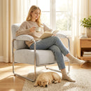 Poltrona Elegante Seduta Ampia Telaio in Acciaio e Rivestimento in Ciniglia Morbida Beige      