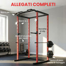 Power Cage Stazione Multifunzione 160x112x215 cm Rack Regolabile con Capacità di 460 kg in Acciaio Rosso      